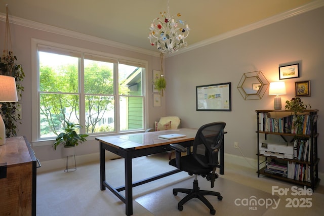 25 Madelyn Ln, Fairview, NC 28730 - carpeted home office featuring crown molding and a chandelier