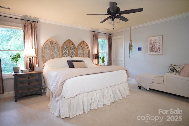 25 Madelyn Ln, Fairview, NC 28730 - bedroom with light colored carpet, ornamental molding, multiple windows, and a ceiling fan