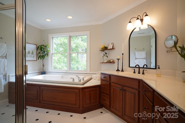 25 Madelyn Ln, Fairview, NC 28730 - bathroom with ornamental molding, vanity, a garden tub, and recessed lighting