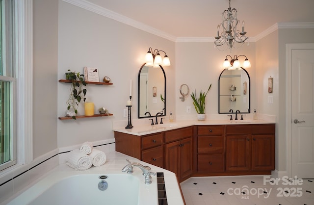 25 Madelyn Ln, Fairview, NC 28730 - bathroom with double vanity, a bath, ornamental molding, and a chandelier