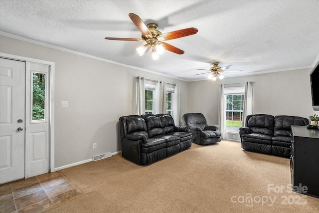 1764 Tomlinson Loop, Connelly Springs, NC 28612 - living area with a ceiling fan, carpet, crown molding, and a textured ceiling