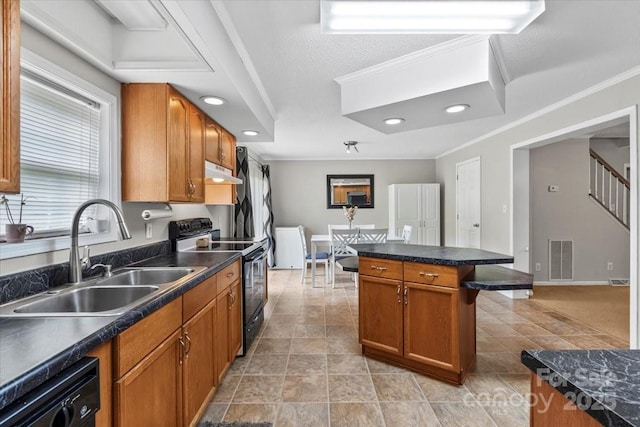 1764 Tomlinson Loop, Connelly Springs, NC 28612 - kitchen featuring black range with electric stovetop, under cabinet range hood, dishwasher, ornamental molding, and dark countertops