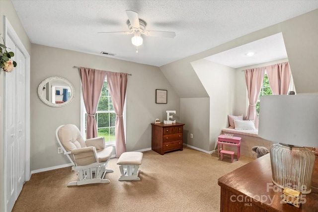1764 Tomlinson Loop, Connelly Springs, NC 28612 - living area with ceiling fan, carpet floors, a textured ceiling, and lofted ceiling