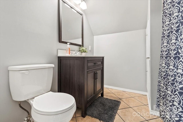 1764 Tomlinson Loop, Connelly Springs, NC 28612 - full bath with vanity, tile patterned floors, lofted ceiling, and a shower with shower curtain