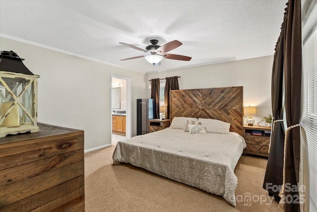 1764 Tomlinson Loop, Connelly Springs, NC 28612 - carpeted bedroom with connected bathroom, ceiling fan, ornamental molding, and a textured ceiling