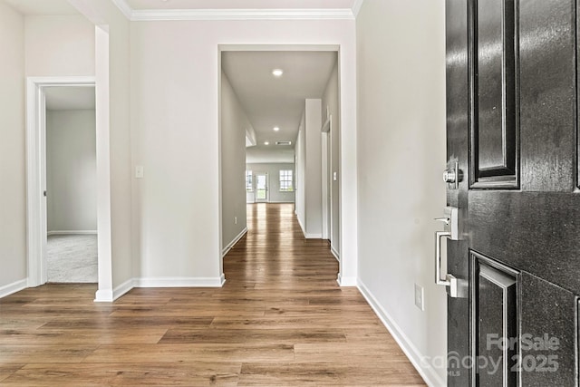 5846 Oak Branch Cir, Maiden, NC 28650 - entryway with light wood finished floors, crown molding, and recessed lighting