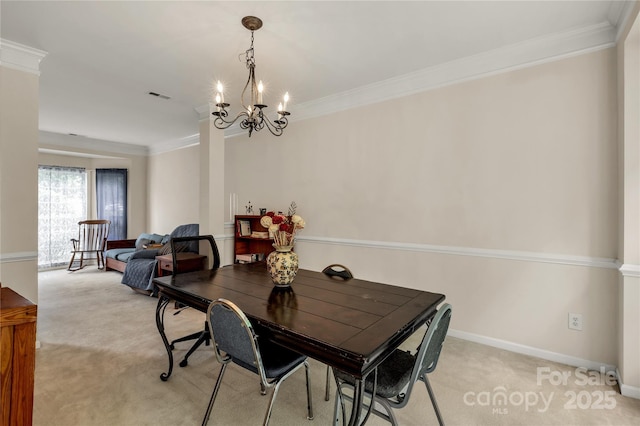 1993 W Foxwood Ct, Indian Land, SC 29707 - dining area with light colored carpet, ornamental molding, and a chandelier