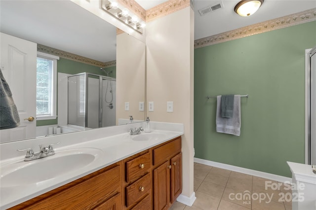 1993 W Foxwood Ct, Indian Land, SC 29707 - bathroom with a stall shower, double vanity, and tile patterned floors