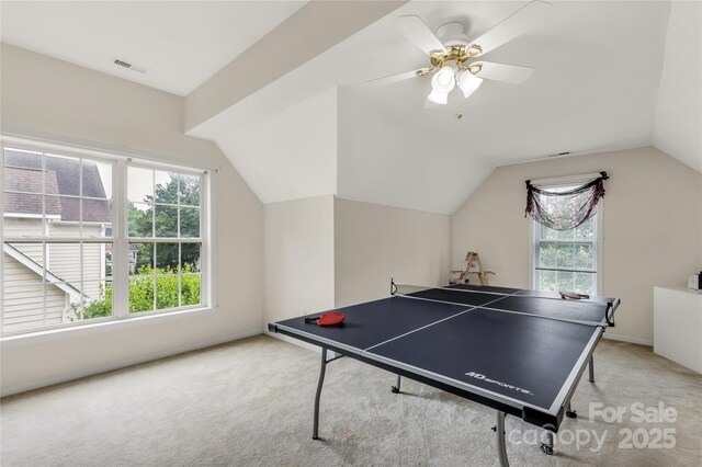 1993 W Foxwood Ct, Indian Land, SC 29707 - playroom featuring light colored carpet, plenty of natural light, vaulted ceiling, and a ceiling fan