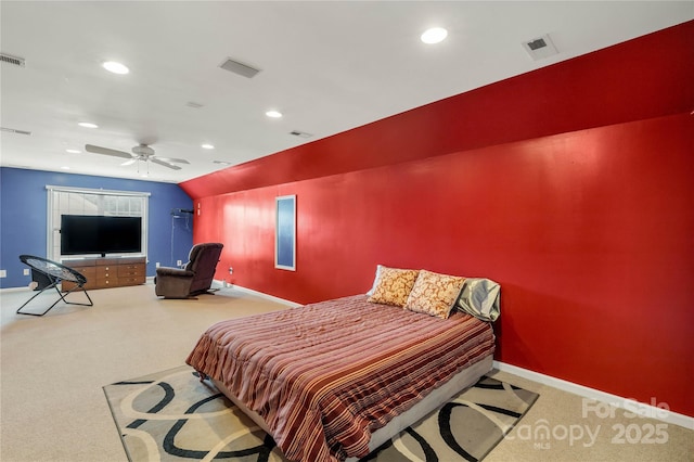 1993 W Foxwood Ct, Indian Land, SC 29707 - carpeted bedroom with lofted ceiling, recessed lighting, and ceiling fan