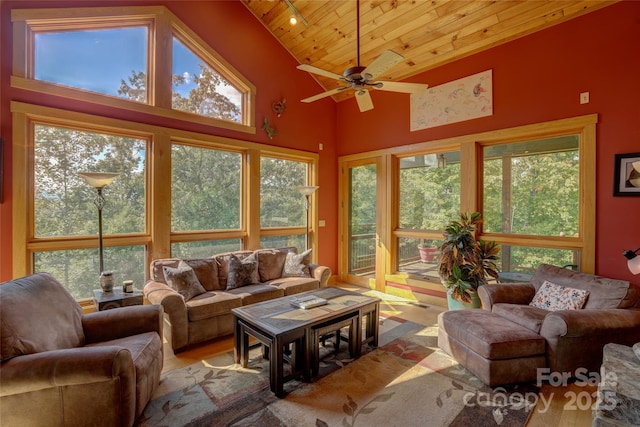 425 Sawmill Creek Rd, Bryson City, NC 28713 - living room with wood ceiling, ceiling fan, wood finished floors, plenty of natural light, and high vaulted ceiling