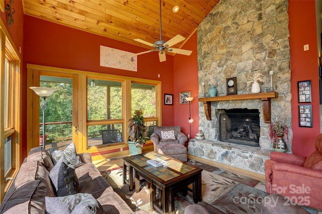 425 Sawmill Creek Rd, Bryson City, NC 28713 - living room with wooden ceiling, high vaulted ceiling, a stone fireplace, a ceiling fan, and wood finished floors