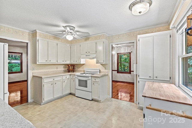 1408 Kensington Cir, Newton, NC 28658 - kitchen with white appliances, under cabinet range hood, wallpapered walls, light countertops, and plenty of natural light