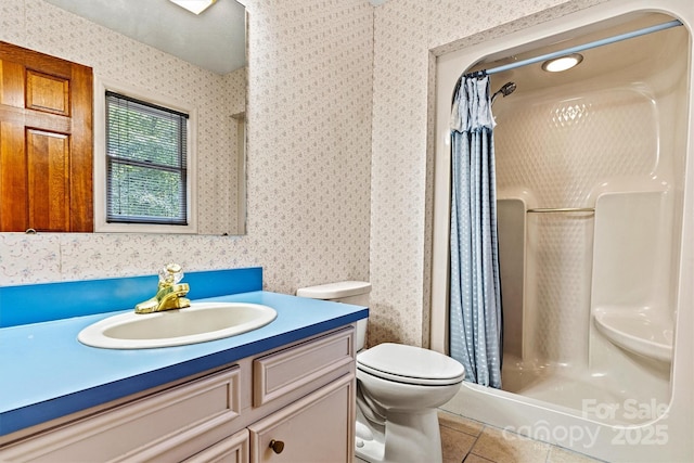 1408 Kensington Cir, Newton, NC 28658 - full bath with vanity, tile patterned floors, a shower with curtain, and wallpapered walls