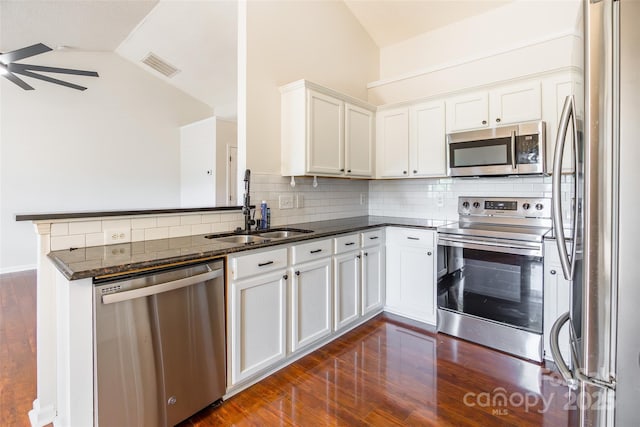 14924 Jerpoint Abby Dr, Charlotte, NC 28273 - kitchen featuring appliances with stainless steel finishes, vaulted ceiling, a ceiling fan, a peninsula, and tasteful backsplash