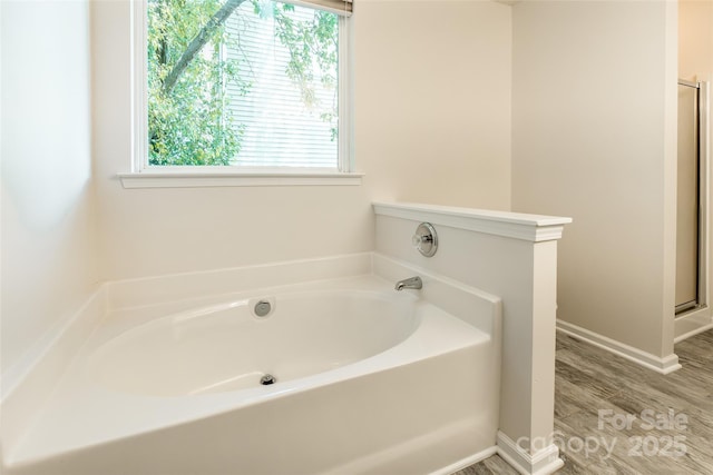 14924 Jerpoint Abby Dr, Charlotte, NC 28273 - full bathroom featuring healthy amount of natural light, a garden tub, wood finished floors, and a stall shower
