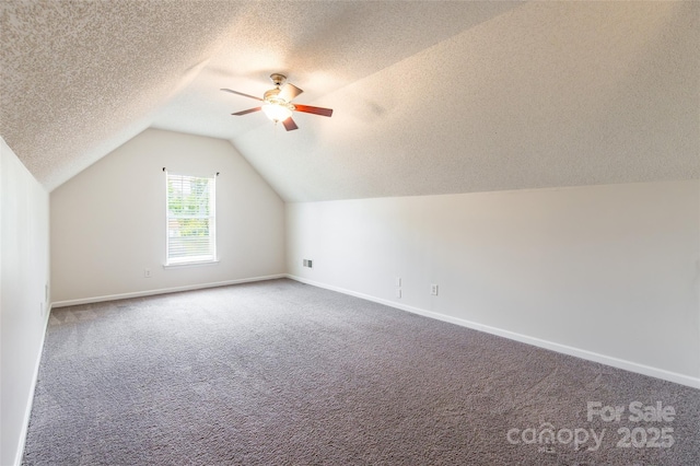 14924 Jerpoint Abby Dr, Charlotte, NC 28273 - additional living space featuring a textured ceiling, carpet floors, a ceiling fan, and lofted ceiling