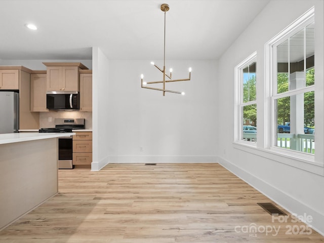 4113 Rutgers Ave, Charlotte, NC 28206 - kitchen with stainless steel appliances, light countertops, light wood-style floors, a chandelier, and hanging light fixtures