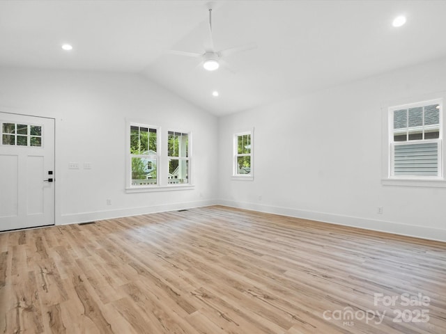 4113 Rutgers Ave, Charlotte, NC 28206 - unfurnished living room with ceiling fan, lofted ceiling, light wood-type flooring, and recessed lighting