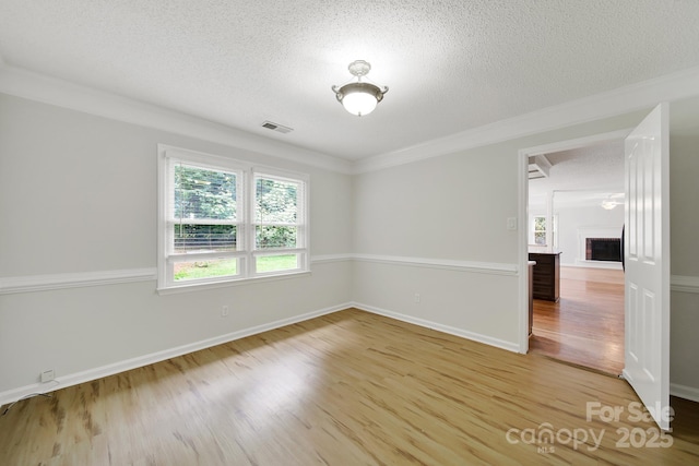 10807 Summitt Tree Ct, Charlotte, NC 28277 - spare room with light wood-style flooring, a textured ceiling, ornamental molding, and a fireplace