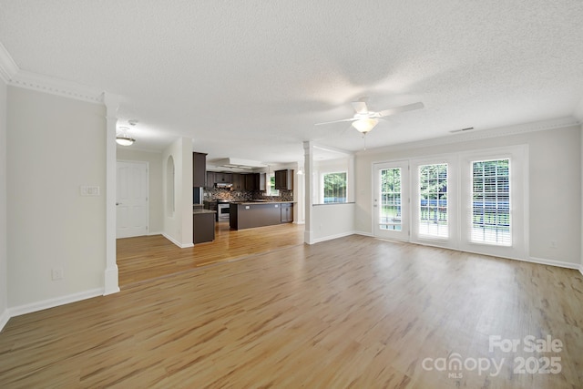 10807 Summitt Tree Ct, Charlotte, NC 28277 - unfurnished living room featuring a ceiling fan, light wood-style floors, crown molding, and a textured ceiling