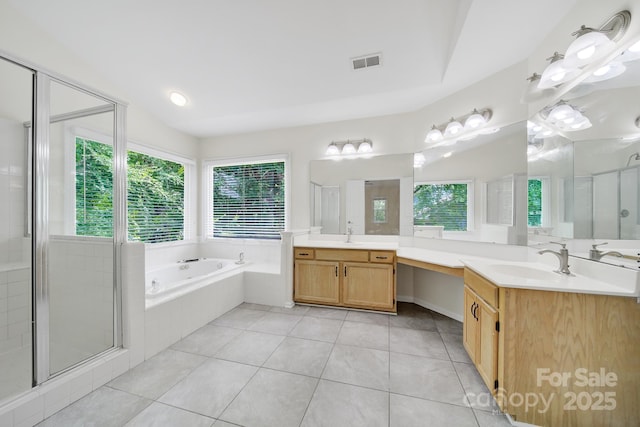 10807 Summitt Tree Ct, Charlotte, NC 28277 - bathroom featuring tile patterned floors, vanity, a garden tub, and a stall shower