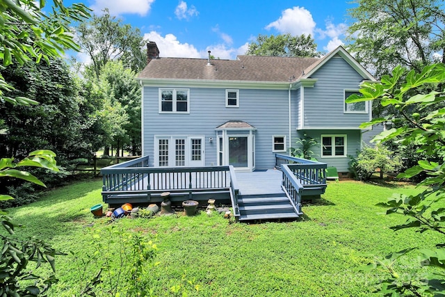 10807 Summitt Tree Ct, Charlotte, NC 28277 - back of house featuring a yard, a chimney, a deck, and roof with shingles