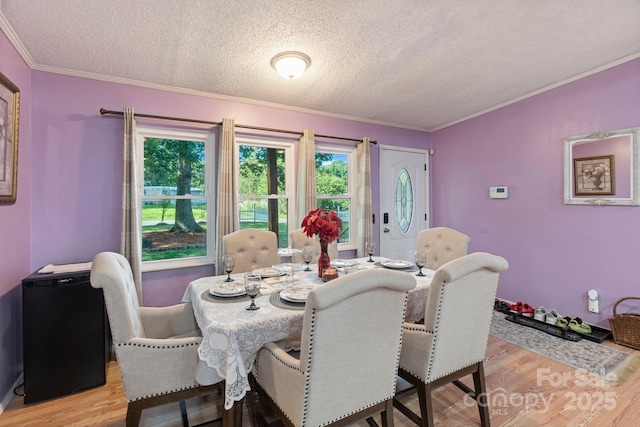 115 Red Fox Ct, Mount Holly, NC 28120 - dining space featuring light wood-style floors, ornamental molding, and a textured ceiling