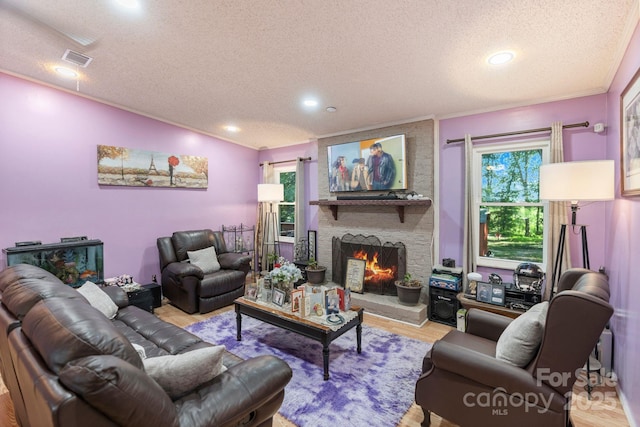 115 Red Fox Ct, Mount Holly, NC 28120 - living room with a textured ceiling, wood finished floors, ornamental molding, a large fireplace, and lofted ceiling