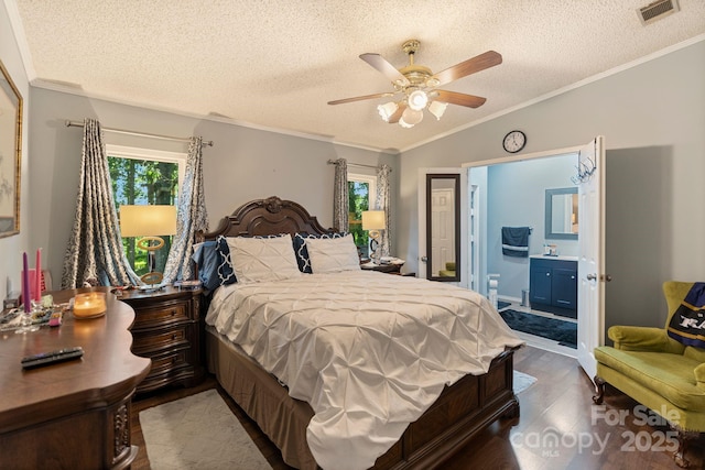 115 Red Fox Ct, Mount Holly, NC 28120 - bedroom with wood finished floors, a textured ceiling, crown molding, ensuite bathroom, and ceiling fan