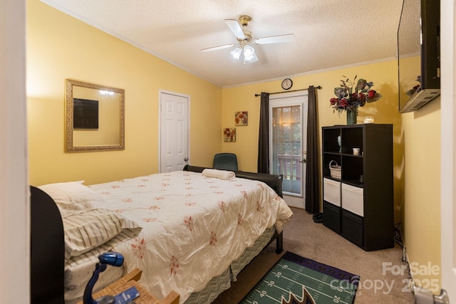 115 Red Fox Ct, Mount Holly, NC 28120 - carpeted bedroom with crown molding, a textured ceiling, and ceiling fan