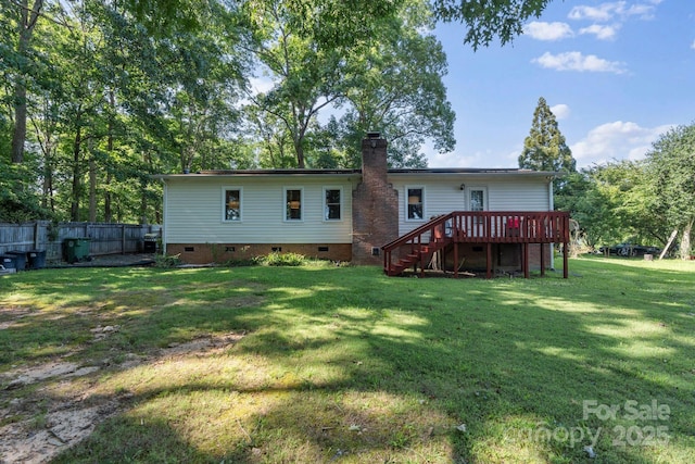 115 Red Fox Ct, Mount Holly, NC 28120 - rear view of property featuring crawl space, a wooden deck, stairs, and a chimney