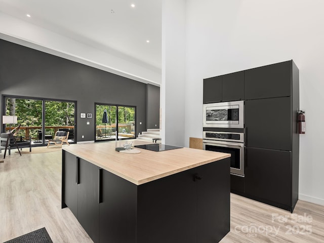 1761 Williamson Creek Rd, Pisgah Forest, NC 28768 - kitchen featuring dark cabinetry, high vaulted ceiling, stainless steel appliances, modern cabinets, and light wood-type flooring