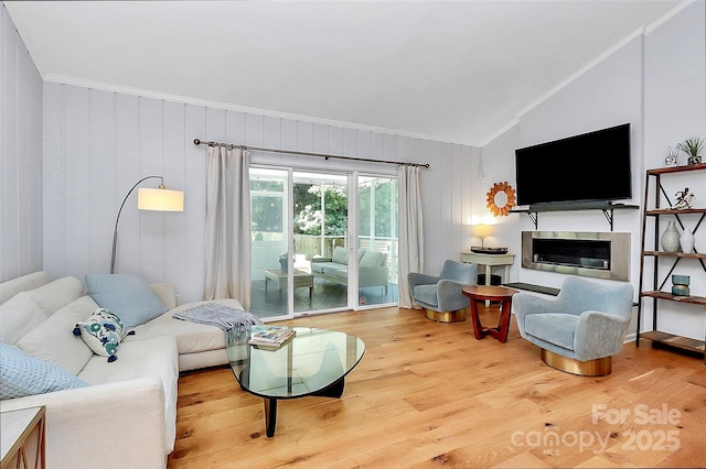 4906 Crooked Oak Ln, Charlotte, NC 28226 - living room featuring crown molding, wood finished floors, and lofted ceiling