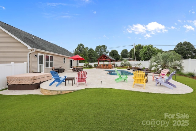 1974 Redwood Dr, Oakboro, NC 28129 - view of swimming pool featuring a hot tub, a gazebo, a fenced backyard, and a patio