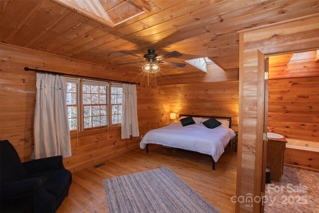 2311 Old Mountain Rd, Mars Hill, NC 28754 - bedroom with a skylight, light wood finished floors, wooden walls, and wood ceiling