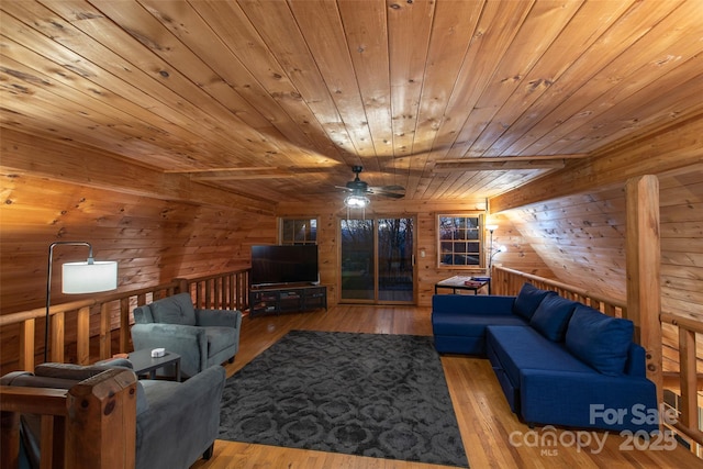 2311 Old Mountain Rd, Mars Hill, NC 28754 - living room featuring wood ceiling, wooden walls, a ceiling fan, and wood-type flooring