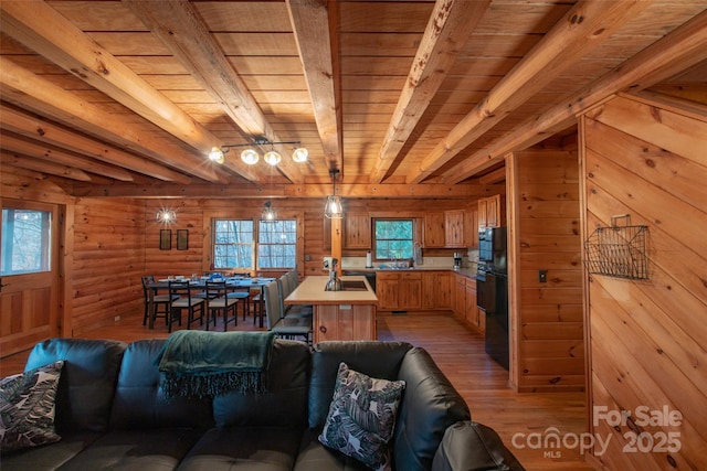 2311 Old Mountain Rd, Mars Hill, NC 28754 - living area featuring light wood-style floors, a wooden ceiling with exposed beams, wooden walls, and rustic walls