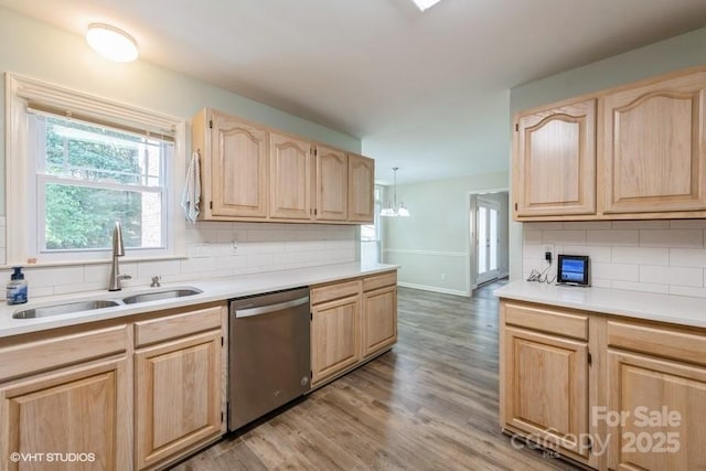 608 Laurel Fork Dr, Matthews, NC 28105 - kitchen with dishwasher, light brown cabinets, backsplash, and light wood-style flooring
