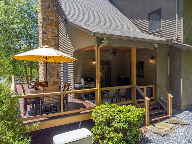 846 Duckback Trl, Whittier, NC 28789 - wooden deck with grilling area, ceiling fan, and outdoor dining area