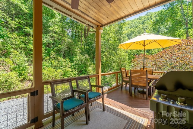 846 Duckback Trl, Whittier, NC 28789 - wooden deck with a forest view, a grill, and outdoor dining space