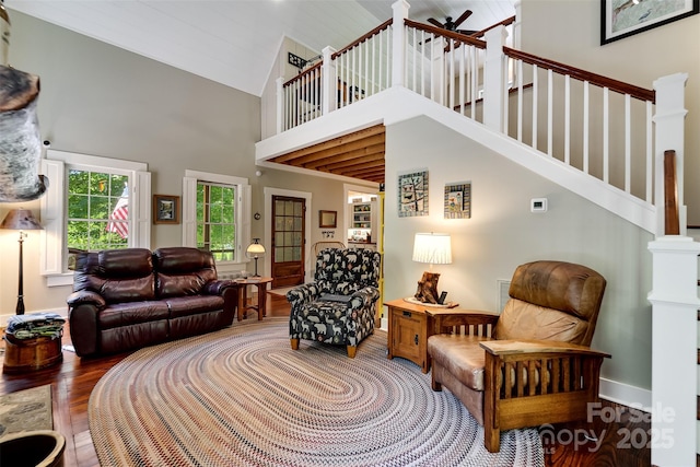 846 Duckback Trl, Whittier, NC 28789 - living area featuring wood finished floors, high vaulted ceiling, and stairway