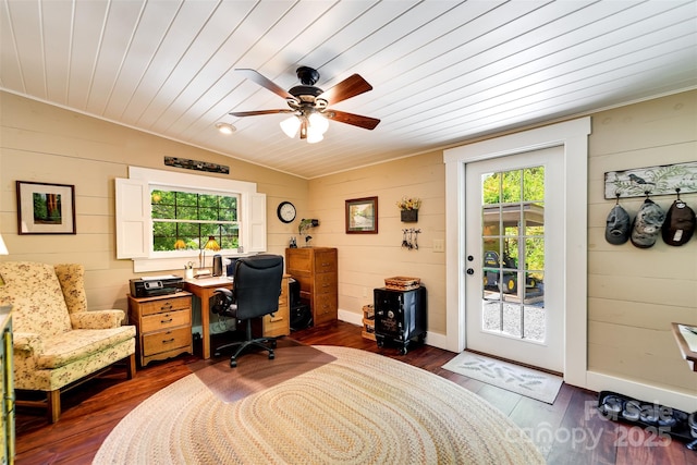 846 Duckback Trl, Whittier, NC 28789 - office area with healthy amount of natural light, vaulted ceiling, wood walls, ceiling fan, and dark wood-type flooring