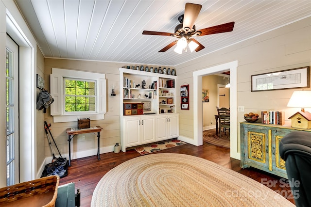 846 Duckback Trl, Whittier, NC 28789 - sitting room featuring wood walls, dark wood finished floors, a ceiling fan, wooden ceiling, and crown molding