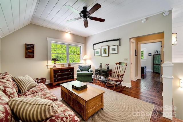 846 Duckback Trl, Whittier, NC 28789 - living room featuring wood-type flooring, ceiling fan, wood ceiling, vaulted ceiling, and decorative columns