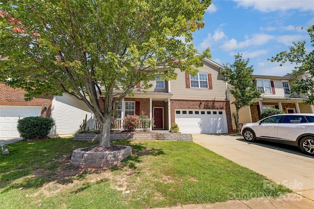 2015 Savannah Hills Dr, Matthews, NC 28105 - traditional-style house featuring brick siding, driveway, an attached garage, a front yard, and covered porch