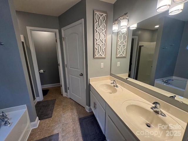 9711 Marquette St NW, Concord, NC 28027 - full bath featuring a bath, a shower stall, and double vanity