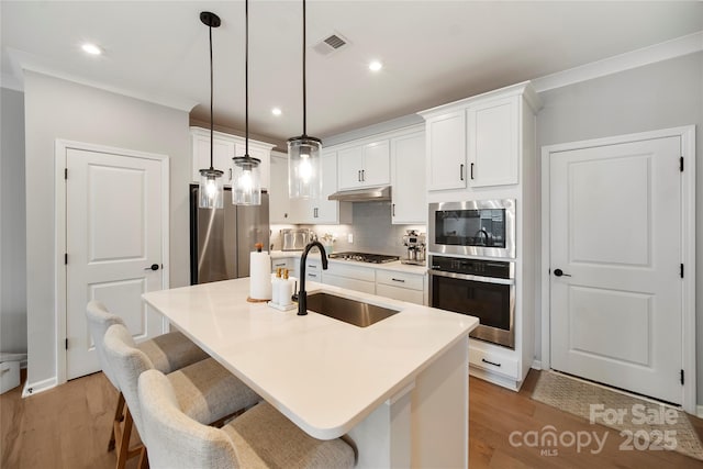 5941 Mantle Way, Kannapolis, NC 28081 - kitchen featuring appliances with stainless steel finishes, under cabinet range hood, tasteful backsplash, a kitchen island with sink, and light wood-type flooring