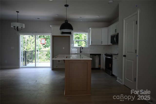 185 Cherry Springs Ln Unit 24-C, Asheville, NC 28804 - kitchen featuring stainless steel appliances, a center island, backsplash, wood finished floors, and white cabinets