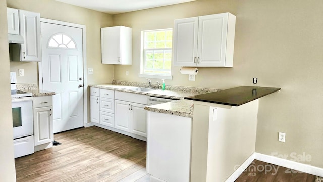 227 Reep Dr, Morganton, NC 28655 - kitchen featuring white range with electric stovetop, a peninsula, white cabinets, wood finished floors, and under cabinet range hood